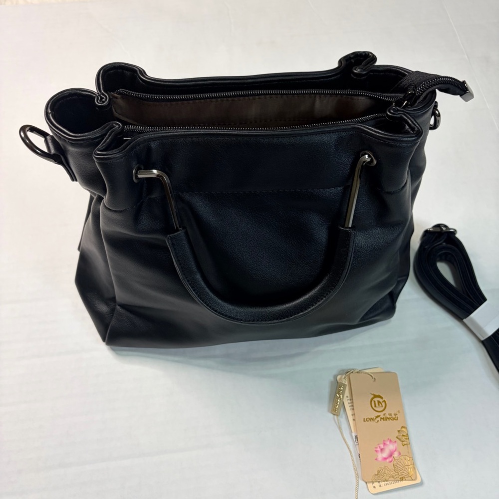 Sleek Black Multi Compartment Shoulder Leather Bag